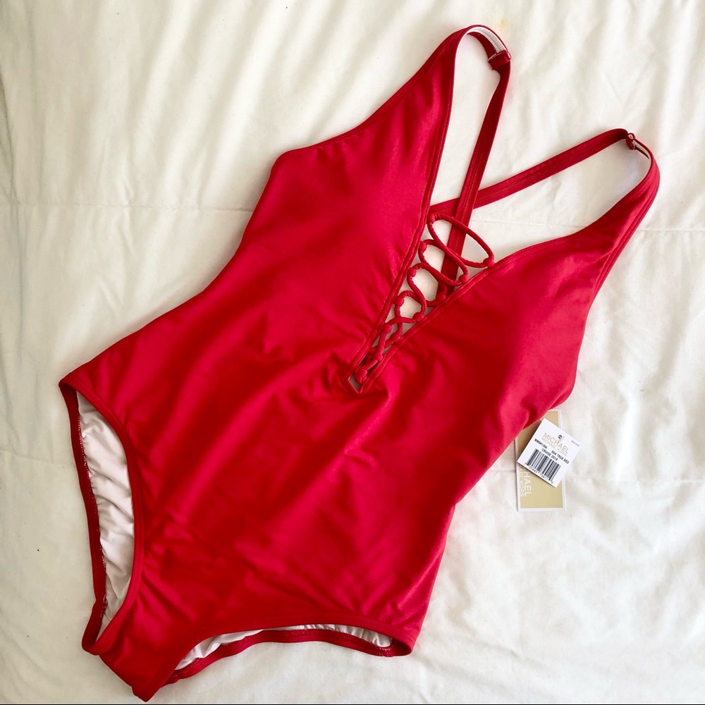 Michael Kors Lace-Up One Piece Bathing Swimsuit True Red Size 8